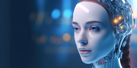 digital technology human and artificial intelligence robot face for innovation and futuristic.