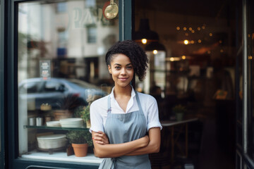 Confident small business owner standing at cafe entrance