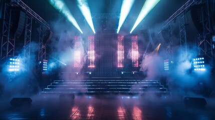 The background of a concert stage with an intricate light show, LED panels displaying visual effects, and fog enhancing the scene.