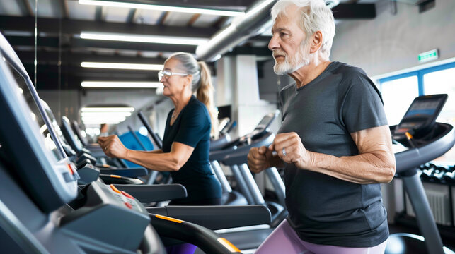 Man and Woman Running on Treadmills in a Gym