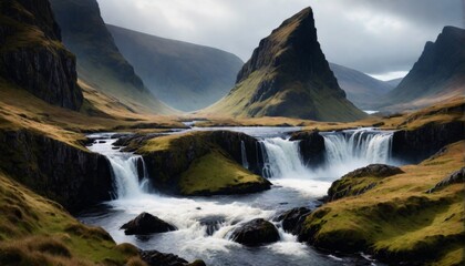 Fototapeta premium cinematisch aussehende landschaft mit traumhaften wasserfall, island, irland schottland