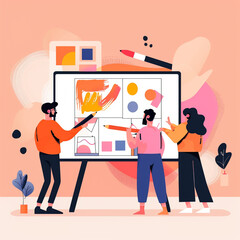 Flat illustration of a creative team presenting a design, graphic resource, art, animated, illustration, Generative AI
