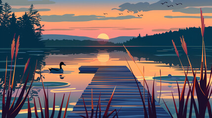 Tranquil sunset at a minnesota lake with silhouettes of a swan, dock, trees, and flying birds in a vector illustration