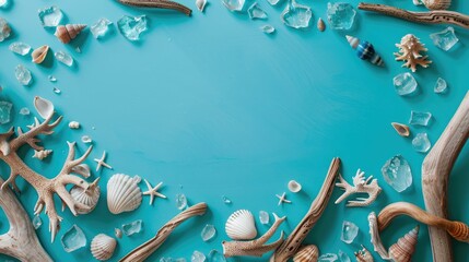 Waterinspired art with sea shells and glass beads on an electric blue background, creating a stunning pattern reminiscent of aqua circles. A fashion accessory perfect for any beach event AIG50