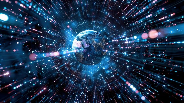 Digital world globe spinning out of control, illustrating the extreme speed of global networks and excessive connectivity on Earth, with super-fast data transfer and frenzied business transactions.