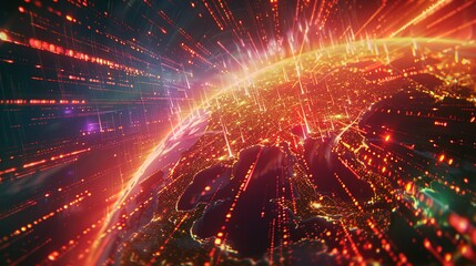 Obraz premium Digital world globe spinning out of control, illustrating the extreme speed of global networks and excessive connectivity on Earth, with super-fast data transfer and frenzied business transactions.