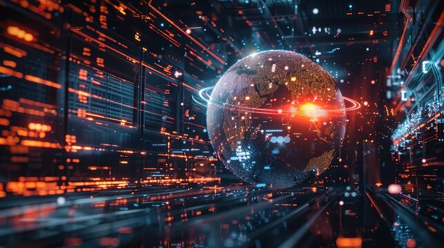 Digital world globe spinning out of control, illustrating the extreme speed of global networks and excessive connectivity on Earth, with super-fast data transfer and frenzied business transactions.