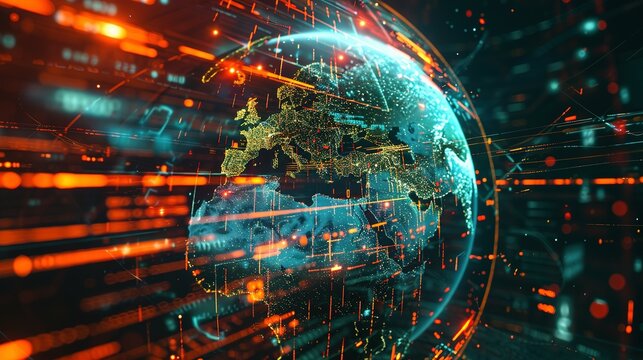 Digital world globe spinning out of control, illustrating the extreme speed of global networks and excessive connectivity on Earth, with super-fast data transfer and frenzied business transactions.