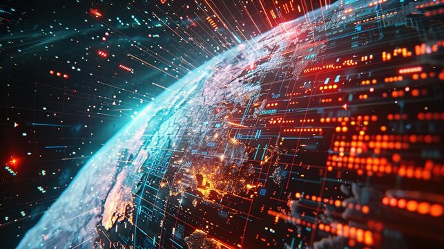 Digital world globe spinning out of control, illustrating the extreme speed of global networks and excessive connectivity on Earth, with super-fast data transfer and frenzied business transactions.