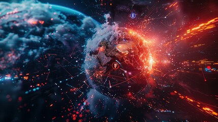 Digital world globe spinning out of control, illustrating the extreme speed of global networks and excessive connectivity on Earth, with super-fast data transfer and frenzied business transactions.