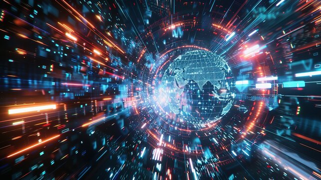 Digital world globe spinning out of control, illustrating the extreme speed of global networks and excessive connectivity on Earth, with super-fast data transfer and frenzied business transactions.
