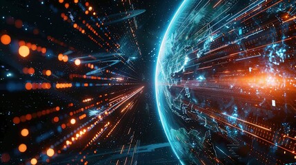 Fototapeta premium Digital world globe spinning out of control, illustrating the extreme speed of global networks and excessive connectivity on Earth, with super-fast data transfer and frenzied business transactions.