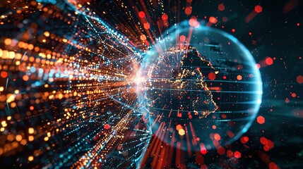 Obraz premium Digital world globe spinning out of control, illustrating the extreme speed of global networks and excessive connectivity on Earth, with super-fast data transfer and frenzied business transactions.