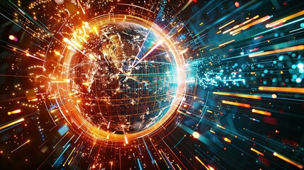 Digital world globe spinning out of control, illustrating the extreme speed of global networks and excessive connectivity on Earth, with super-fast data transfer and frenzied business transactions.