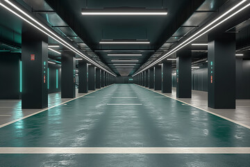architecture by ai, underground parking lot with a dark green floor, grey walls and black pillars, bright white lighting on the ceiling illuminates empty space in the middle, photorealistic // ai-gene