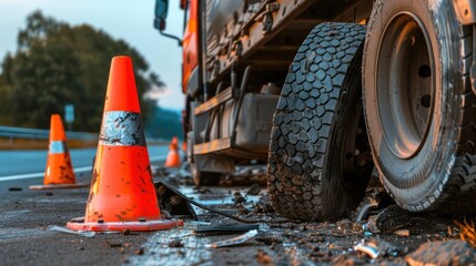 A truck with a blown tire and visible damage on the side of the road with hazard cones around it