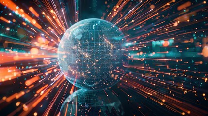 Digital world globe spinning out of control, illustrating the extreme speed of global networks and excessive connectivity on Earth, with super-fast data transfer and frenzied business transactions.