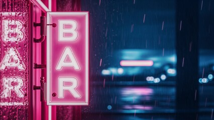 Obraz premium Rainy night blurred background, neon pink BAR sign glows on brick building.