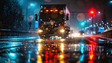A truck accident scene at night with flashing emergency lights and rain-slicked roads 