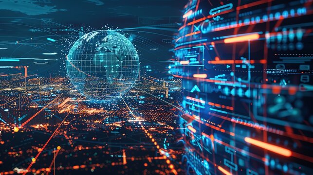 Digital world globe spinning out of control, illustrating the extreme speed of global networks and excessive connectivity on Earth, with super-fast data transfer and frenzied business transactions.