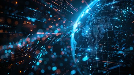 Digital world globe spinning out of control, illustrating the extreme speed of global networks and excessive connectivity on Earth, with super-fast data transfer and frenzied business transactions.