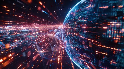 Digital world globe spinning out of control, illustrating the extreme speed of global networks and excessive connectivity on Earth, with super-fast data transfer and frenzied business transactions.