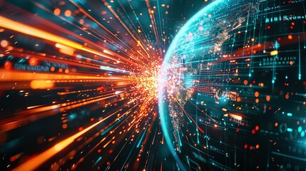 Digital world globe spinning out of control, illustrating the extreme speed of global networks and excessive connectivity on Earth, with super-fast data transfer and frenzied business transactions.