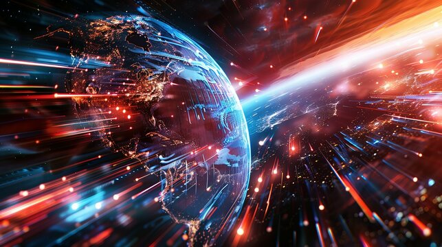Digital world globe spinning out of control, illustrating the extreme speed of global networks and excessive connectivity on Earth, with super-fast data transfer and frenzied business transactions.