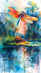 Whimsical dragonfly hovering over a tranquil pond, in vibrant watercolor
