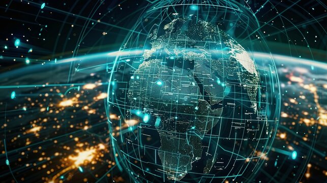 Digital world globe spinning out of control, illustrating the extreme speed of global networks and excessive connectivity on Earth, with super-fast data transfer and frenzied business transactions.