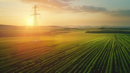A transmission tower surrounded by fields of crops, highlighting the intersection of technology and agriculture