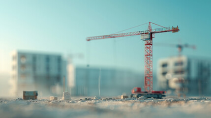 A crane is standing in front of a building. The crane is red and tall