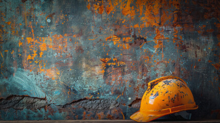 A yellow hard hat is sitting on a wall. The wall is covered in graffiti and has a lot of paint...
