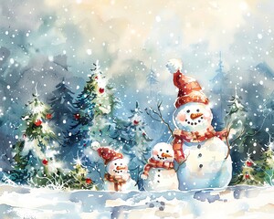 Whimsical snowman family in a snowy landscape, surrounded by pine trees and holiday cheer, in watercolor