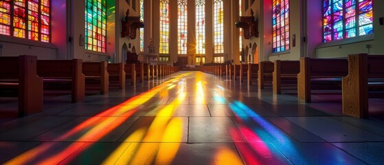 Fototapeta premium Dramatic sunlight streams through stained glass windows, casting vibrant rainbow shadows on the aisle of a serene church interior