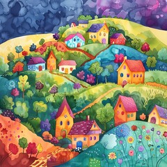 Whimsical village nestled in rolling hills, in vibrant watercolor