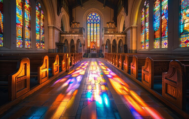 A serene church interior illuminated by the vibrant colors of sunlight through stained glass windows, casting a mosaic on the floor