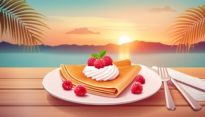 crepes with whipped cream and raspberries on a white plate in a restaurant by the sunset