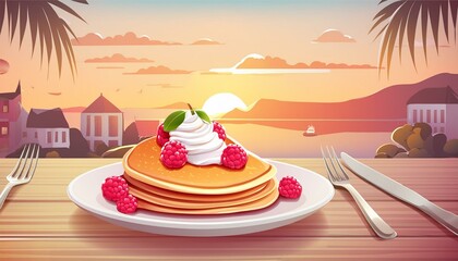 crepes with whipped cream and raspberries on a white plate in a restaurant by the sunset