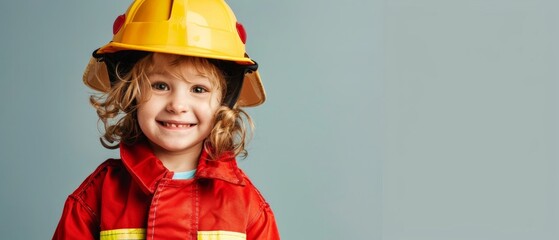 A curly-haired child exudes confidence in a firefighter costume, complete with a bright yellow helmet.