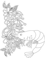 Shrimp and A Floral Vine Coloring Page. Printable Coloring Worksheet for Adults and Kids. Educational Resources for School and Preschool.