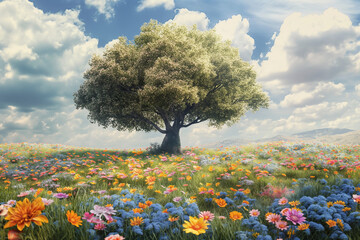 fantasy hill with beautiful tree in center of an endless flower field, colorful, blue sky with white clouds, dreamy atmosphere, joyful, photorealistic // ai-generated 