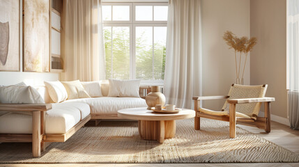 Beige living room interior mockup with wooden furniture, sofa and armchair near window with sunlight