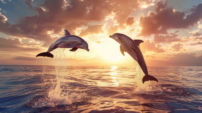 Two dolphins jumping out of the water in a sea with a beautiful sunset in the background