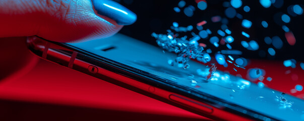 Close-up of a smartphone with a hand and holographic particles. Futuristic technology and digital interaction concept.