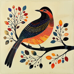 Brightly colored traditional Gond folk art from India of birds in a tree on a textured background.