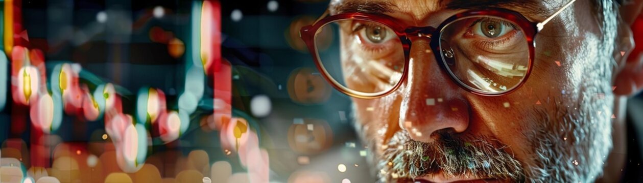 A stock market trader analyzing charts with intense focus
