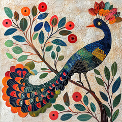 Brightly colored traditional Gond folk art from India of birds in a tree on a textured background.
