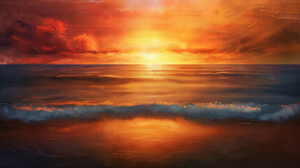 a mesmerizing image of a sunset over the ocean, where the sky is painted in hues of orange and red, and the calm waves reflect the fading sunlight, creating a romantic and serene ambiance