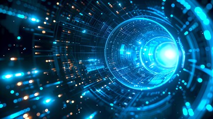 Obraz premium Futuristic blue digital tunnel with glowing lights. Tech background. Visually stunning and modern design. Perfect for innovation, technology, and science fiction projects. AI